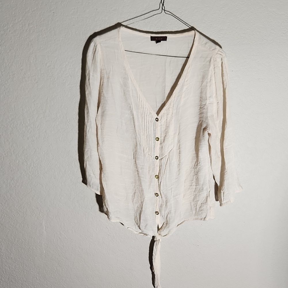 Mine Blouse Womens Size L Tie Bottom Gold Button V Neck Light Costal Cowgirl